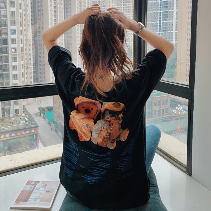 Black Pure Cotton Short Sleeve T-shirt Woman Summer Cartoon Printed Casual Half Sleeve Clothes Loose Medium Long Version T-shirt Blouse