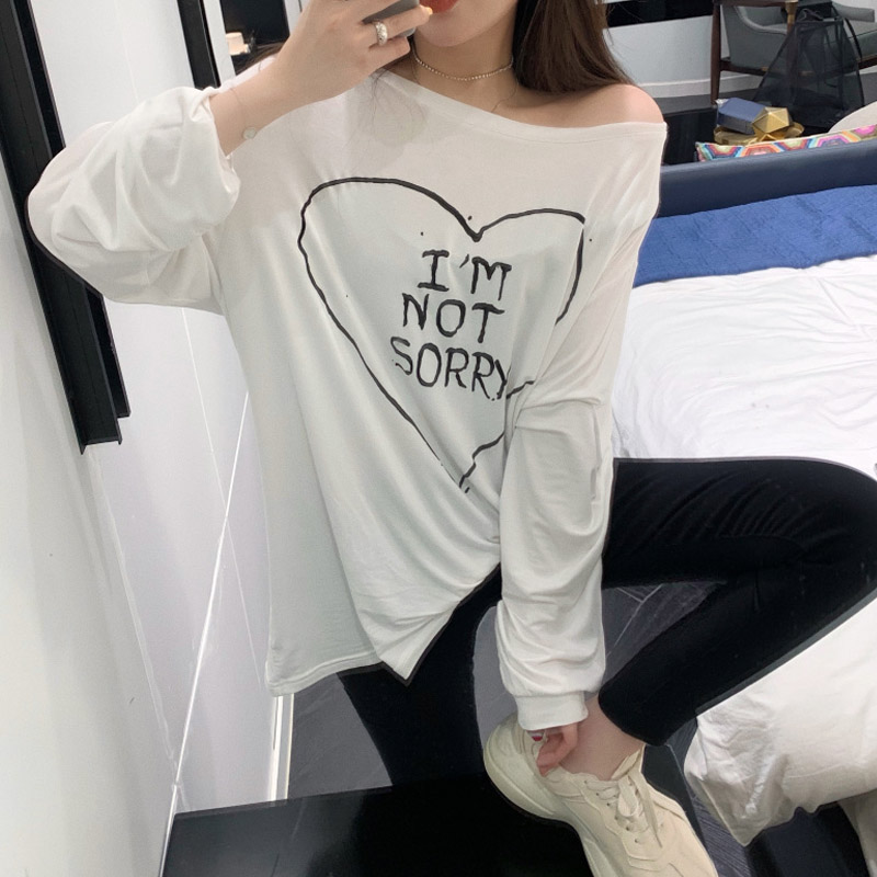 Large size white bottoming shirt temperament with spring and autumn net red long sleeve love printing T-shirt female ins super fire coat tide