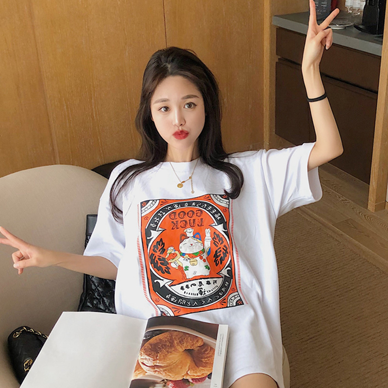 Summer white Merchants Cat Printed Pure Cotton Short Sleeve T-shirt Woman Loose Korean version for long version 100 hitch headblouse