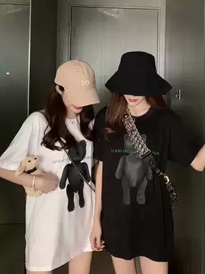Medium and long version of short-sleeved T-shirt women's 2020 summer new ins tide large size loose round neck bear print half-sleeve top