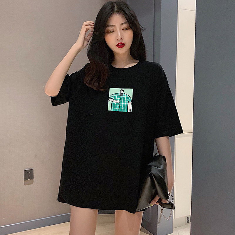 Large size black short sleeve women's net red cotton T-shirt ins exceeds medium and long version Joker printed half sleeve jacket summer tide