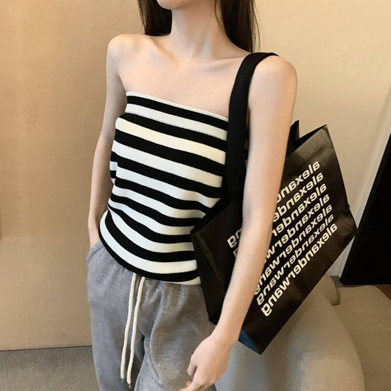 Hyun Yafeng Black and White Stripe Knitted Strapless Strapless Top Women's 2021 Summer Camisole Wear Interior and Exterior