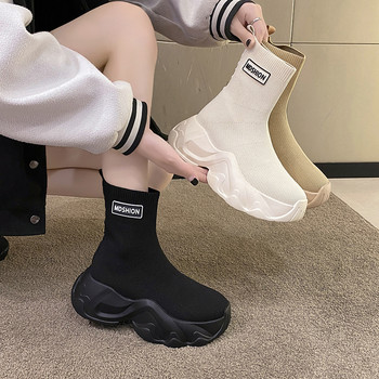 Black stretch boots for women high top fly woven shoes for women