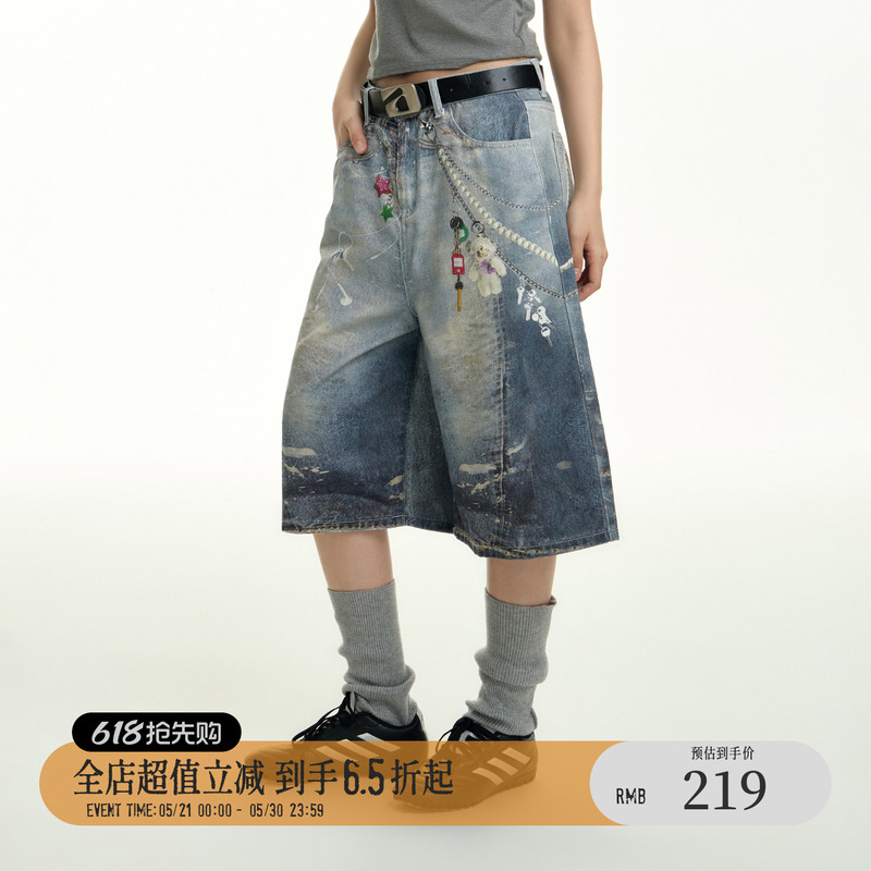 Tgns3D Printed Decorative Wide-Leg Cropped Denim Pants for Women, Stylish Mid-Length Pants, American-Style Loose Shorts for Men, Summer Tgns3D Printed Decorative Wide-Leg Cropped Denim Pants for Women, Stylish Mid-Length Pants, American-Style Loose Shorts for Men, Summer