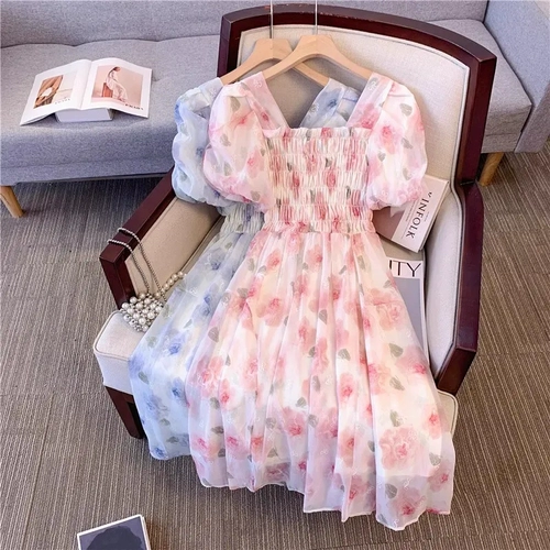 Шифоновое летнее платье, длинная юбка, цветочный принт, французский стиль, средней длины