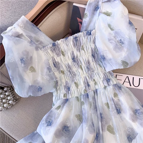 Шифоновое летнее платье, длинная юбка, цветочный принт, французский стиль, средней длины