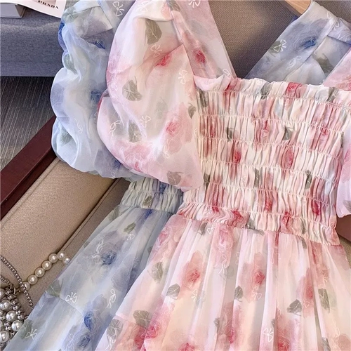 Шифоновое летнее платье, длинная юбка, цветочный принт, французский стиль, средней длины