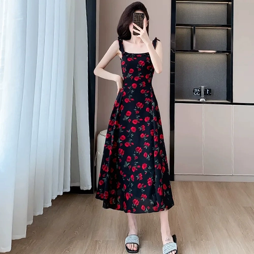 Летнее платье, корсет, шифоновая длинная юбка, в западном стиле, по фигуре, цветочный принт