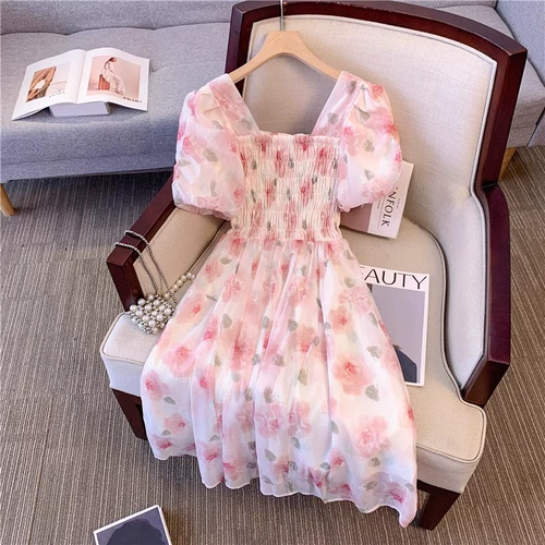 Шифоновое летнее платье, длинная юбка, цветочный принт, французский стиль, средней длины