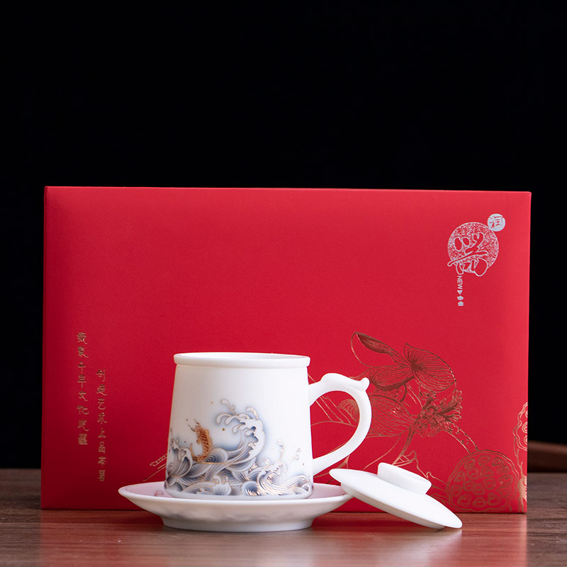 Dehua White Porcelain Mug Conference Teacup with Lid Filter Tea Sheep Fat Jade Office Cup Ceramic Personal Water Cup