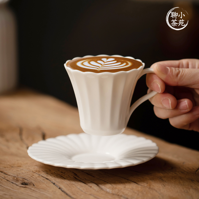Dehua White Porcelain Floral Coffee Cup, Latte Art Cup, Glossy Water Cup, Personal Cup, Breakfast Cup, Afternoon Tea, English-Style Dessert Plate