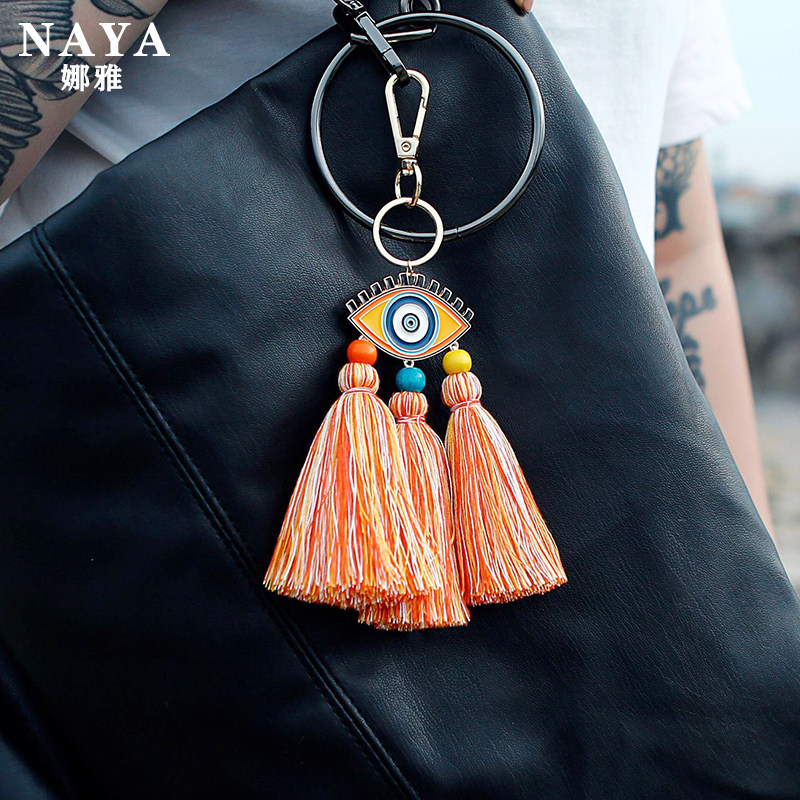 Cotton thread tassel handmade pendant ethnic style Bohemian enamel drip oil bag pendant devil's eye keychain
