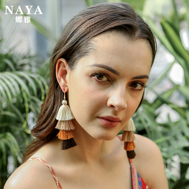 2022 European and American tassel earrings handmade multi-layer color earrings long version fan-shaped bohemian ethnic ear jewelry