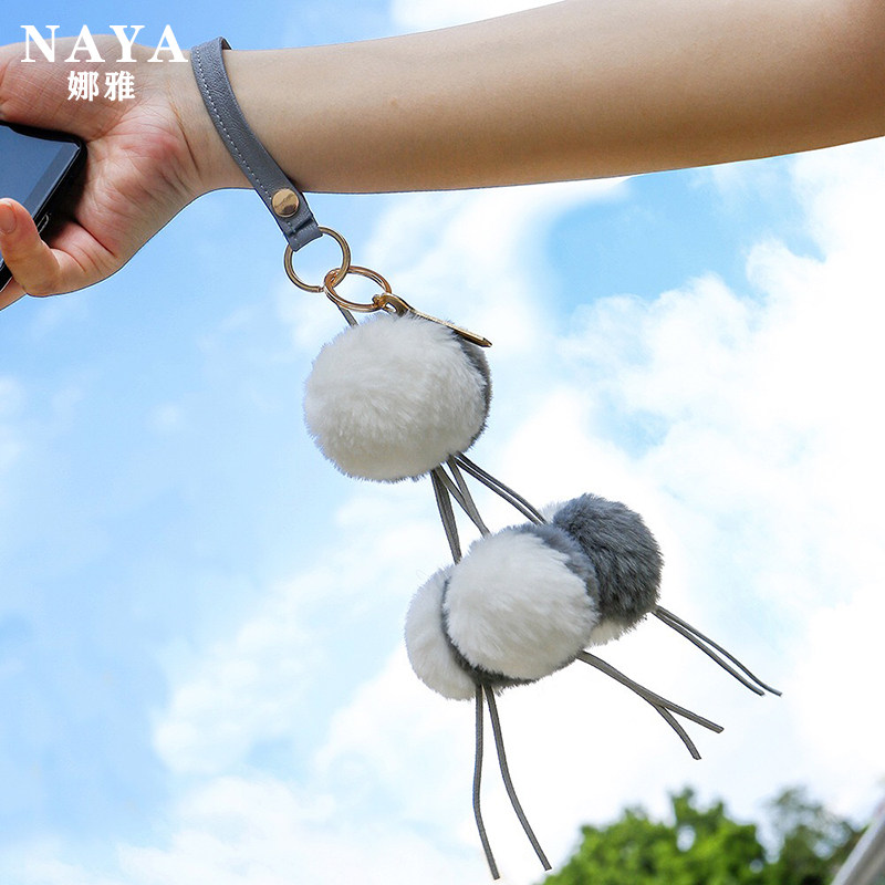 European and American simulation rabbit hair anti-lost wrist key chain pu leather bracelet circle tassel hair ball pendant original handmade