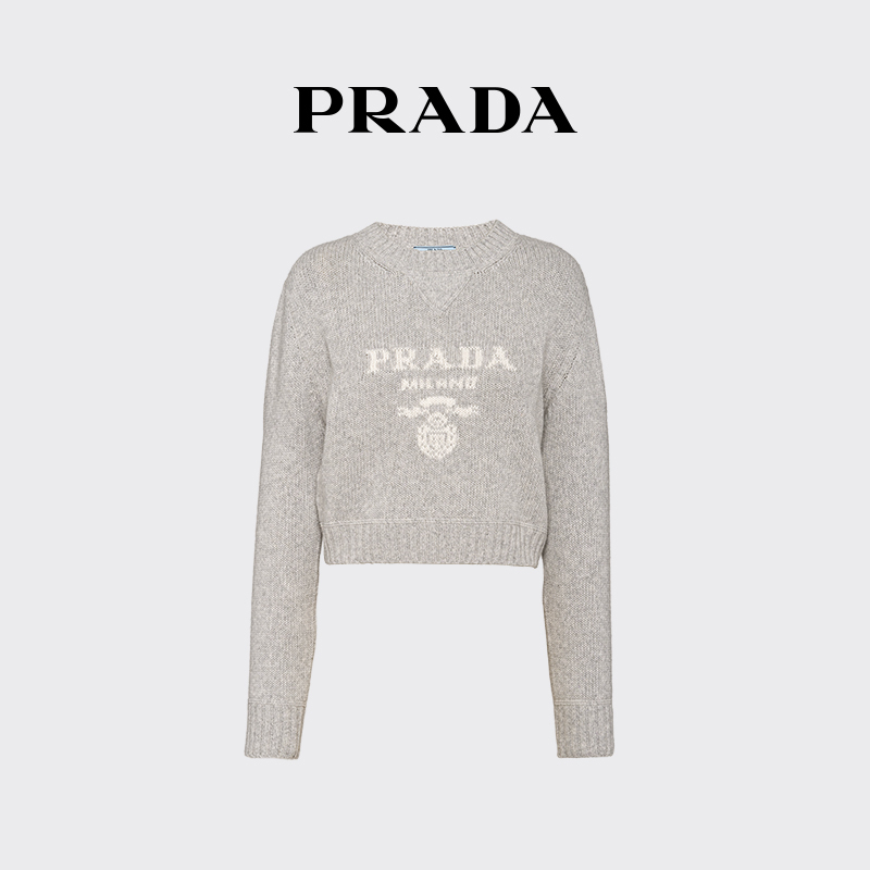 Prada Women's Intarsia Logo-Decorated Wool and Cashmere Blend Crew Neck Sweater Prada Women's Intarsia Logo-Decorated Wool and Cashmere Blend Crew Neck Sweater