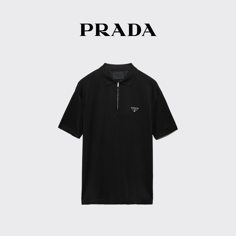 [12 Installments Interest-Free] Prada Men's Re-Nylon Detailed Short-Sleeve Polo Shirt Base Layer