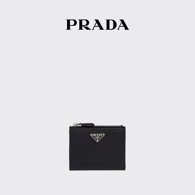 Prada Women's Short Wallet with Logo Embellishment in Saffiano Cow Leather