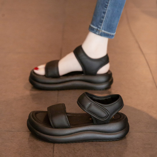 绝美厚底松糕罗马凉鞋女2025夏季新款魔术贴踩屎感运动休闲沙滩鞋