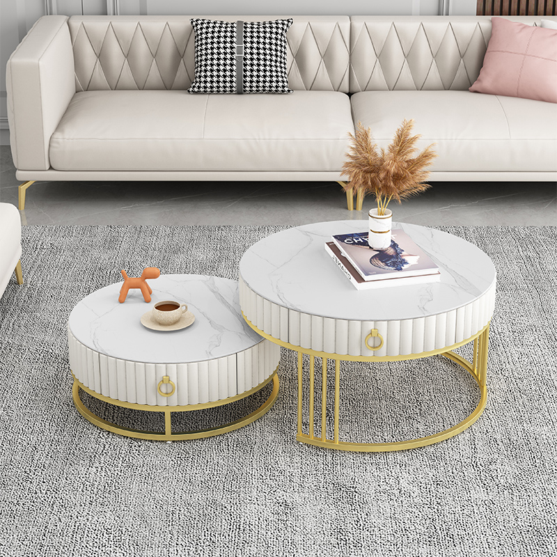 Tea Table Light Luxurious Modern Small Family Living Room Size Tea Table Combination Advanced Sensation Soft Bag Creative Round Rock Board Tea Table