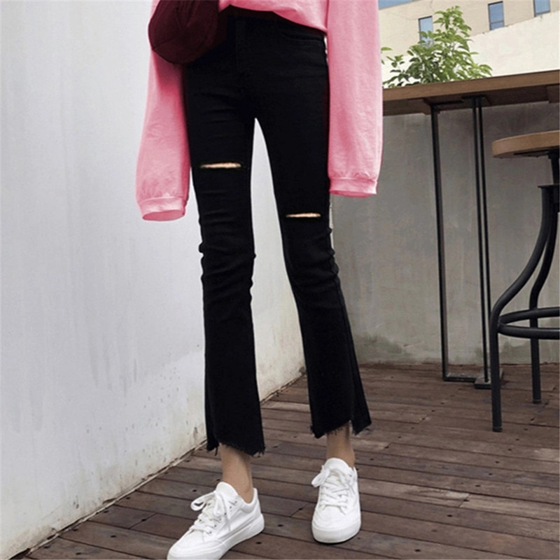 Summer Thin Cropped Ripped Black Pants, Slim Fit, Faux Denim, Versatile for Petite Figures, Cropped Flared Pants Summer Thin Cropped Ripped Black Pants, Slim Fit, Faux Denim, Versatile for Petite Figures, Cropped Flared Pants