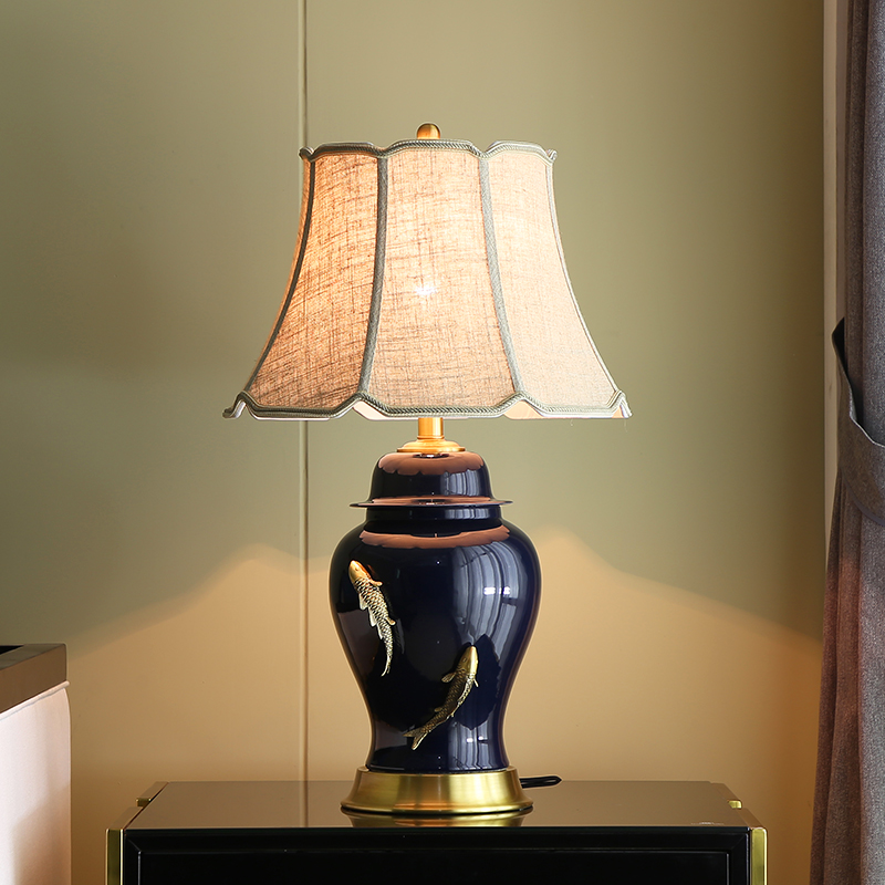 New Chinese all-copper ceramic bedroom desk lamp Home warm room bedside table decoration wedding room living room bedside lamp