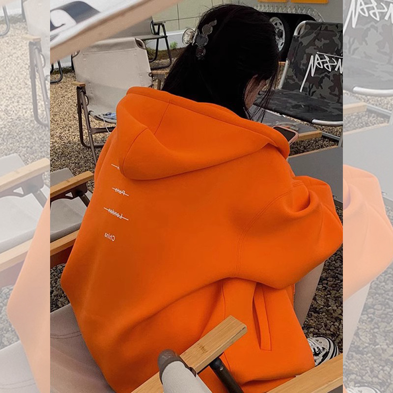 New Autumn and Winter Women's Orange Cardigan Zipper Long-Sleeve American-Style Loose Hooded Oversize Sweatshirt Jacket Thin Style