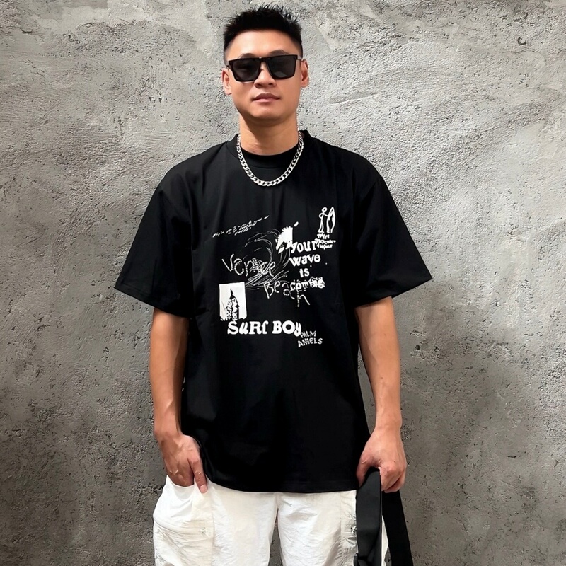 Palm Angels Surf Boy Rhinestone Letter Print Unisex Short-Sleeve Loose Casual T-Shirt Trendy