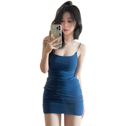 Летние сексуальные синие бретели, мини-юбка, платье, в обтяжку, с акцентом на бедрах