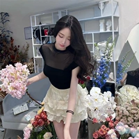 Летний небольшой дизайнерский трикотажный свитер, футболка с коротким рукавом, высокий воротник, тренд сезона