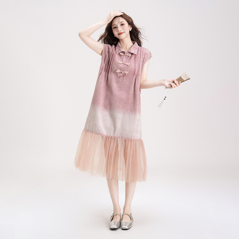 Irregular Tie-Dye Gradient Mesh Patchwork Tank Dress for Women, New Summer Style, Petite Slimming Mid-Length Dress