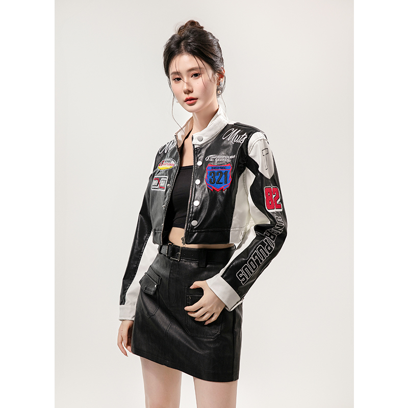 American Retro Motorcycle Jacket Short Style Women's Spring New Black and White Leather Jacket Street Style Racing Baseball Jacket Trendy