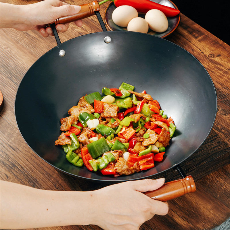Iron pan frying pan with double ear round bottom frying pan not stained with pan Zhangiron pan Official flagship old pure handmade frying pan