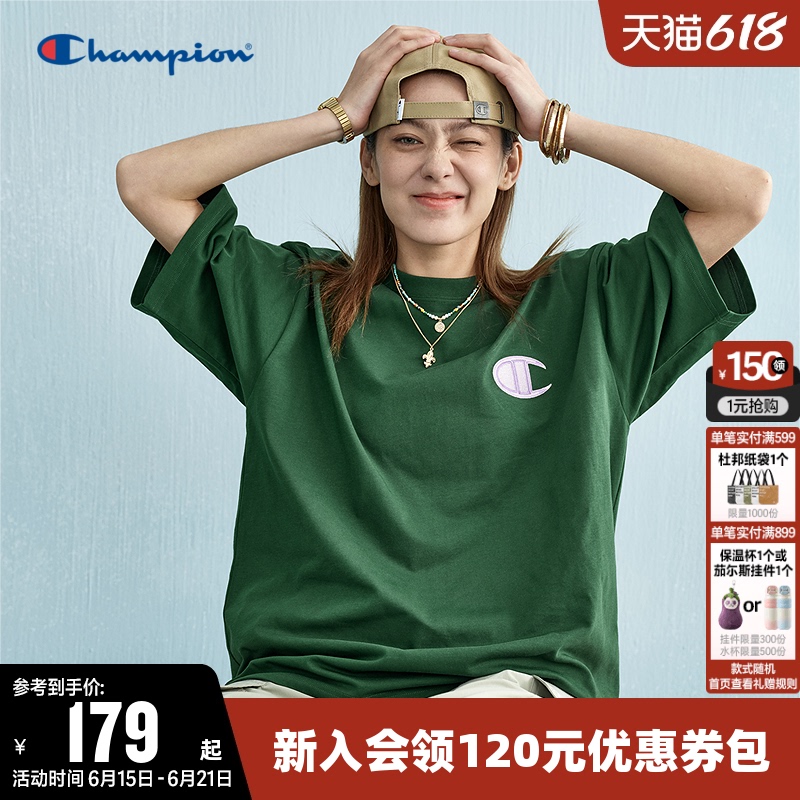 Champion T-Shirt for Women, Summer Embroidered Logo, American Style Pure Cotton, Couple's Round Neck Sports Short-Sleeve Top for Men