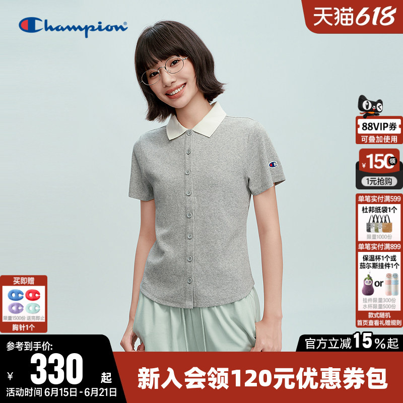Champion T-Shirt for Women 2026 Summer New Color-Blocking Casual Slim-Fit Short-Sleeve Polo Shirt Top