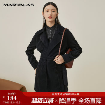 曼德诗黑色中长款大衣女2025秋季新款复古气质上衣收腰西装外套