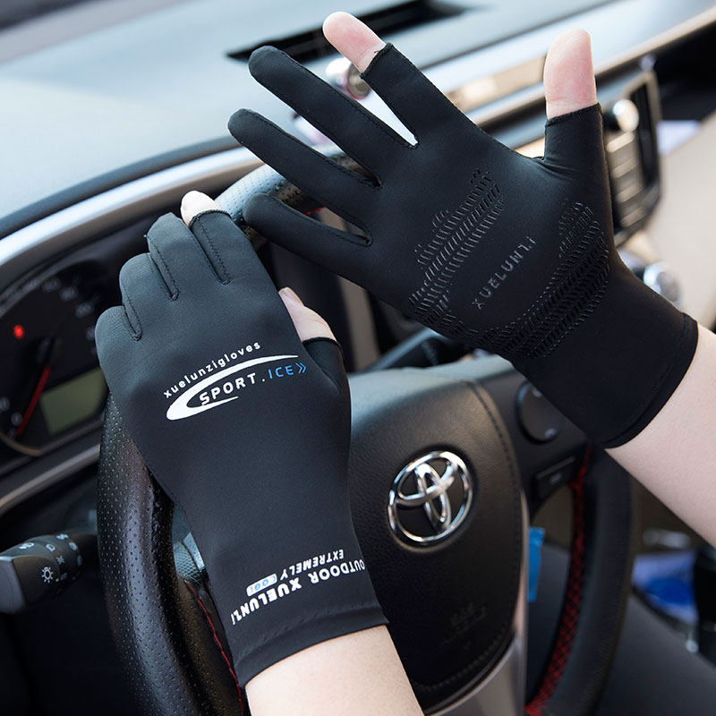 Thin gloves men's missing two-finger fishing riding sunscreen ice silk summer driving elastic anti-ultraviolet half-finger gloves