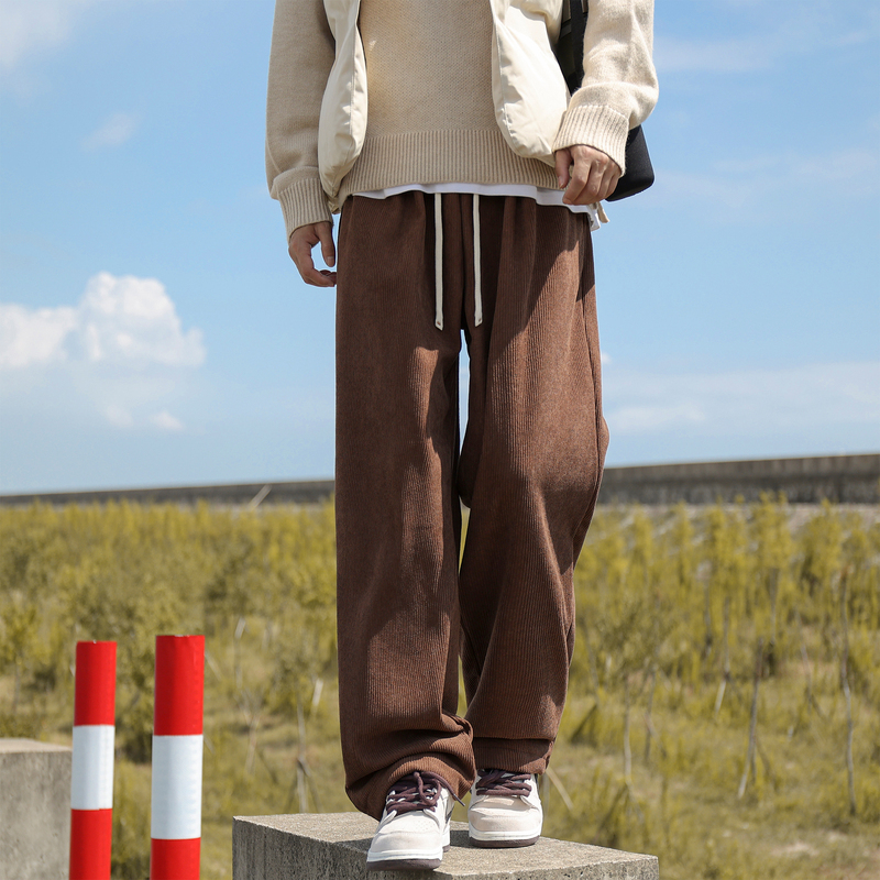 Hong Kong Style Artistic Men's Corduroy Pants, Men's Spring and Autumn Loose Wide-Leg Trousers, Men's Brown Straight-Leg Casual Pants
