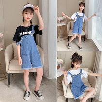 Girl Denim Braces Shorts Suit Summer Dress Foreign Air Large Children Child Loose Thin girl Leisure Two sets