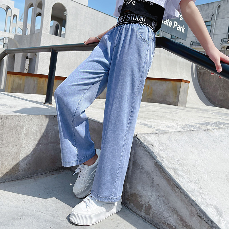 Girl Broadlegged Jeans 2022 Summer New Skyline Cotton Straight Drum Pants CUHK Child Loose Slim LONG PANTS Pants Tide