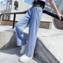 Girl Broadlegged Jeans 2022 Summer New Skyline Cotton Straight Drum Pants CUHK Child Loose Slim LONG PANTS Pants Tide