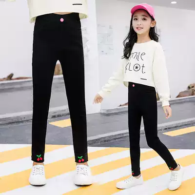 Girls ' pants 2020 autumn new fashion Western style autumn Korean version of girls cherry embroidered stretch casual pants trend