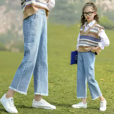 Girls denim wide pants 2020 Autumn women's big children's clothing pants Joker long pants small Daisy Bell pants straight pants