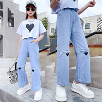 2021 Summer new girl pants CUHK Scout slim fit Broadlegged Jeans Children Fit Straight Cylinder Casual Pants