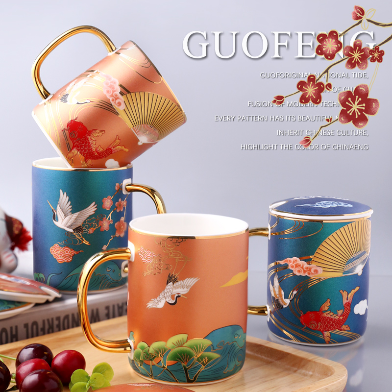 Guochao DIY custom mug home water cup creative couple pair cup office ceramic cup teacup with lid spoon