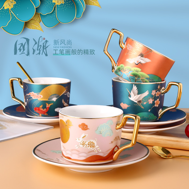 Guochao coffee cup and saucer set European style small luxury coffee cup home simple ceramic cup afternoon tea cup with spoon