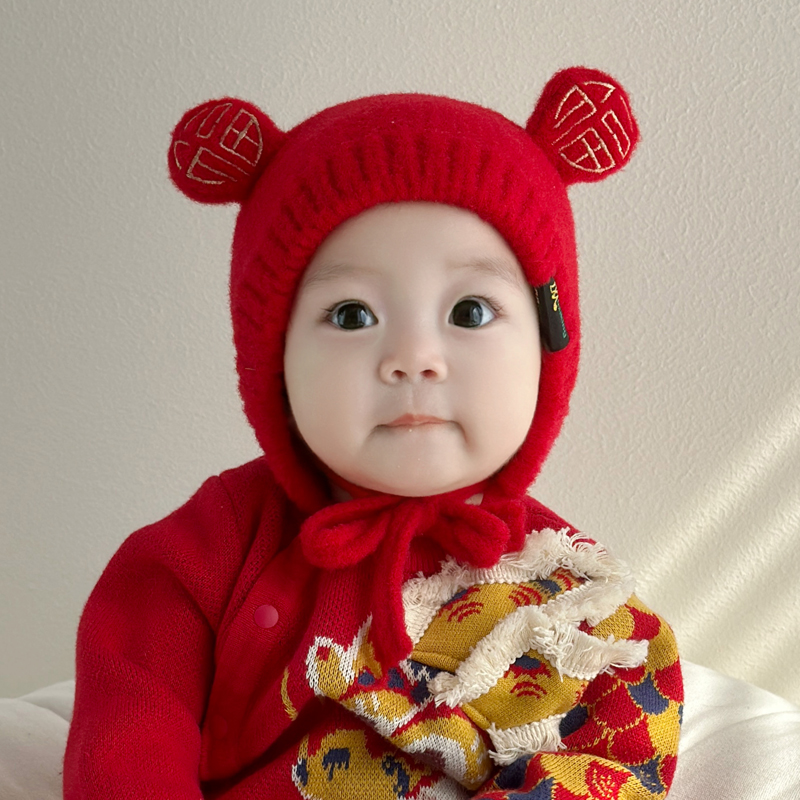ベビー帽子 秋冬ニット帽 毛糸帽子 ベビーレッド お祝い一歳帽子 正月帽子 正月メンズ 新しいスタイル