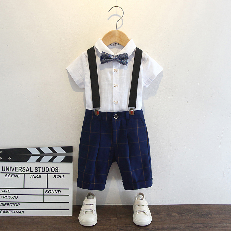 Boy gown Summer short sleeve shirt with baby bag pants performance dress Serena Inn wind small suit Children's summer clothes suit