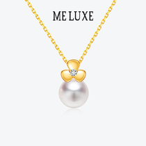 MELUXE9K gold trifoliage akoya sea water pearl necklace real pearl diamond pendant female lock bone chain fashion