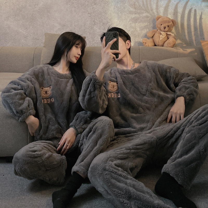 Coral fleece couple pajamas women autumn and winter thickened plus plush men warm cute bear can wear housewear suits