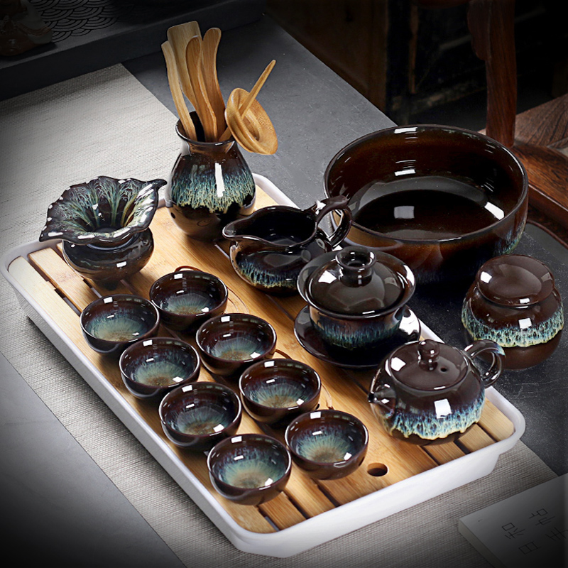 Wo Ge Jianyu Kiln Change Qigong Fu Tea Furniture Home Sanjin Tianmu Glazed Pottery Porcelain Pot set of tea tray Set of tea set